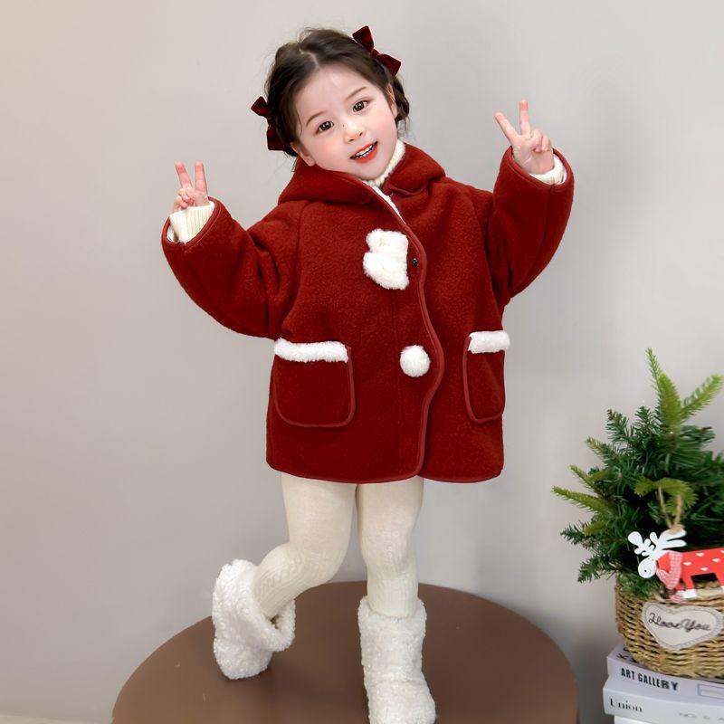 Красное шерстяное зимнее пальто для девочек на флисовой подкладке - Пальто из ангоры 100