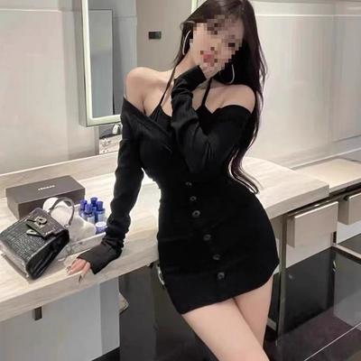 Fake Two Spice Girls One-word Shoulder Suspender Dress Women's Spring and Autumn New Tight and Thin Sexy Hip Skirt