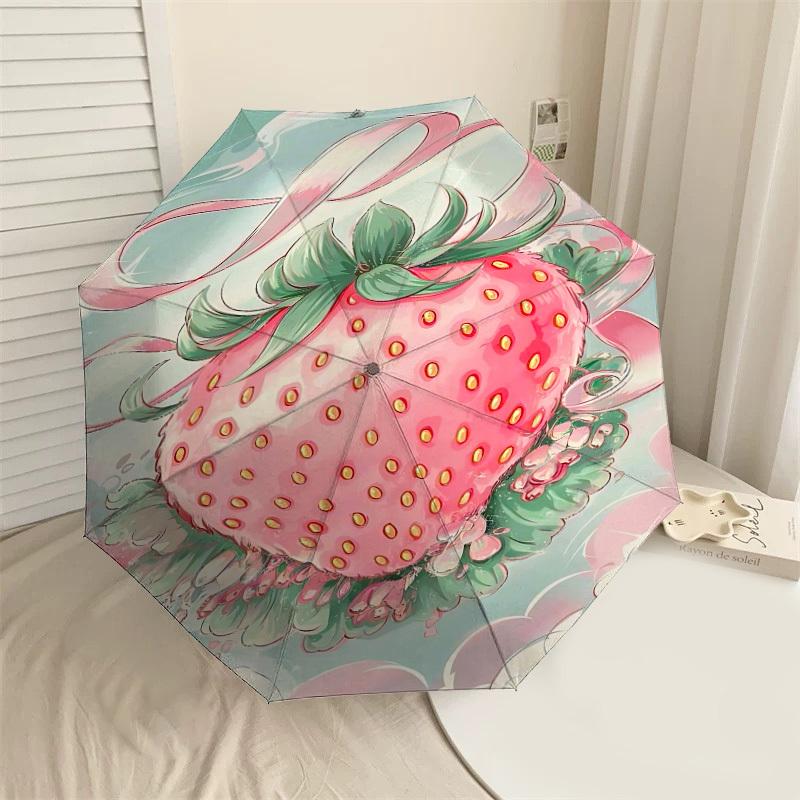 

1pc strawberry ribbon Automatic Open/Close Umbrella Compact Folding Umbrella with 8-Rib Shaft for Women/Men, Elegant Birthday1175S