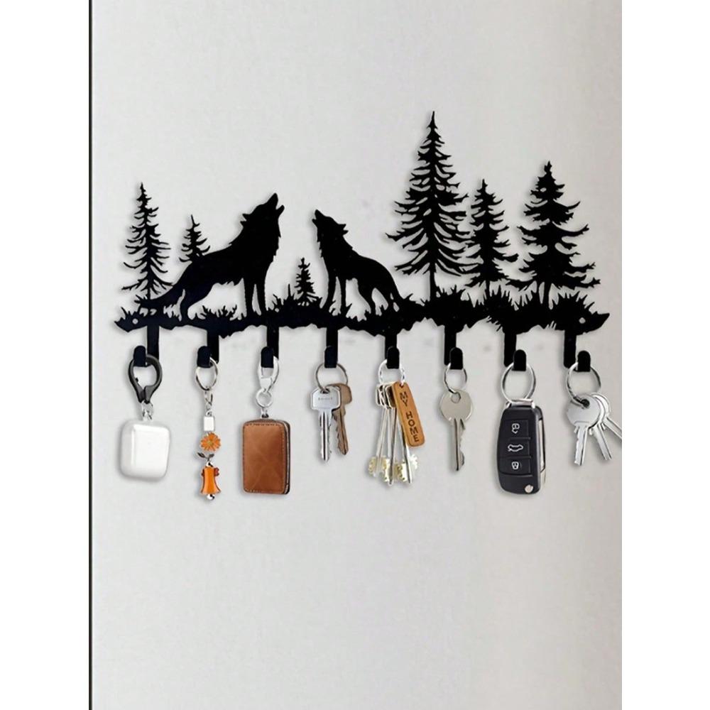 Wolf Themed Metal Key Holder Coat Rack Wall Mounted Rustic Home Decor