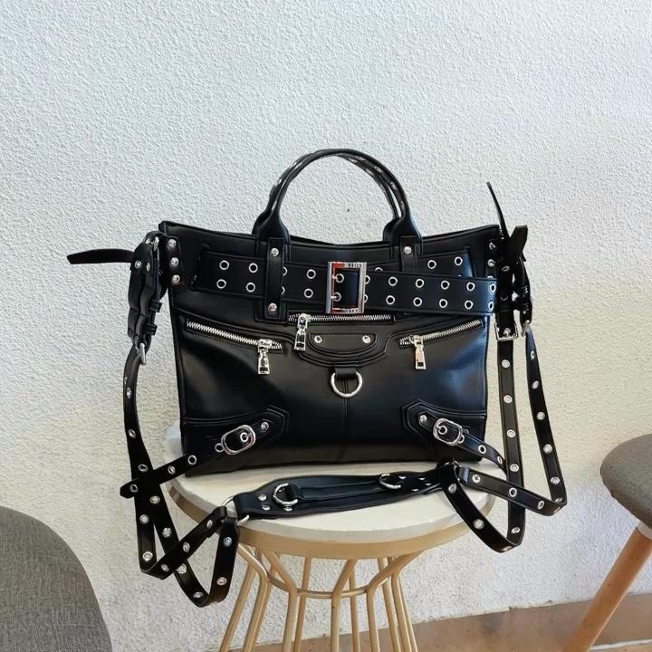 

JIAERDI Rivet Black Tote Bag Women Y2k Grunge Vintage Large Capacity Crossbody Bags Ladies Moto Biker Luxury Designer Handbag