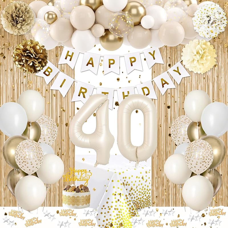 21st Birthday Decorations for Her, Happy 21st Bday Decorations White and Gold Balloons Happy Birthday Banner Tablecloth Fringe Curtain Cake Topper