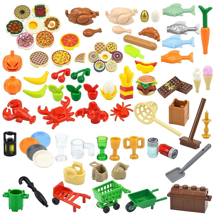 City Friends Mini Food Brick Accessories Cake Banana Carrot Fish Chicken Fries Bread Bottle Kid Toy Building Blocks DlY Gift