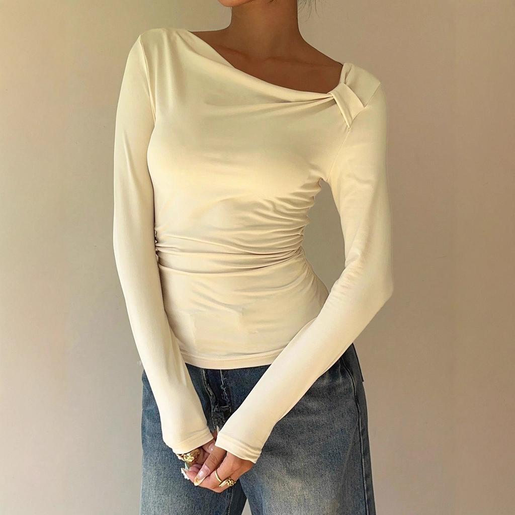 Nepravidelný plisovaný všestranný top tričko Jednobarevný Dlouhý rukáv Neformální styl Dámský Kulatý výstřih Podzim Nový Slim Fit