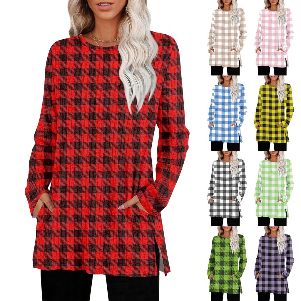 Women's Checkered Printed Round-neck Long-sleeved Top With Pockets And Side Slits