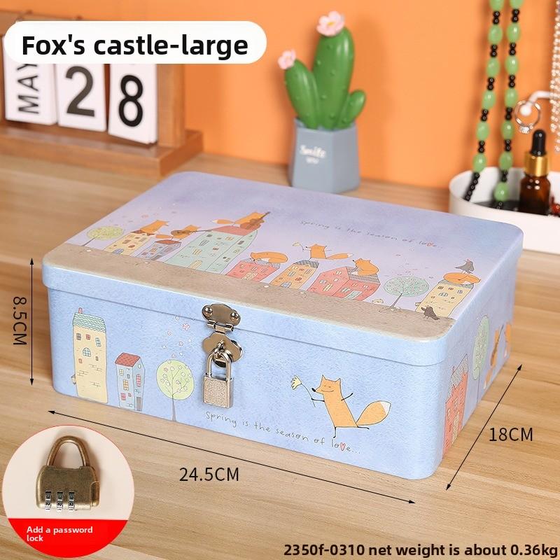 Retro Tinplate Box with Lock Key, Desktop Storage Box, Cosmetics, ID Storage, Household Jewelry Empty Box.