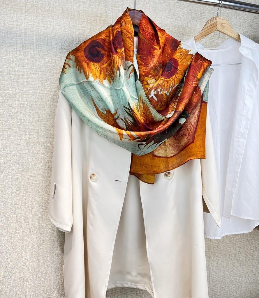 Commuting Versatile Oil Painting Style Medium And Long French Silk Long Scarf Mulberry Silk Silk Scarf Multi-Functional Summer Shawl Ol