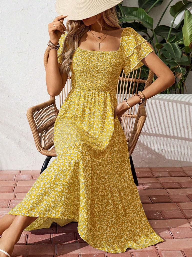 New Wish Bestseller Square Neck Bubble Sleeve Floral Ruffled Dress Long Dress
