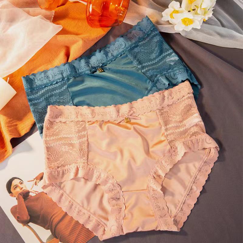 Women's Seamless Satin & Lace Mid-Waist Panties - Light Luxury, Breathable, Abdomen Control, Hip Lift, Cotton Crotch