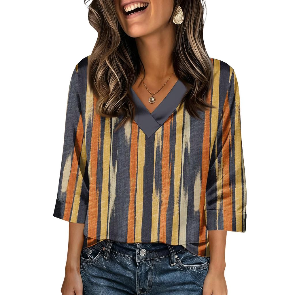 Womens 3/4 Length Sleeves Shirts V-Neck Satin  Loose Dressy Trendy T-Shirt Pullover Blouse Tops