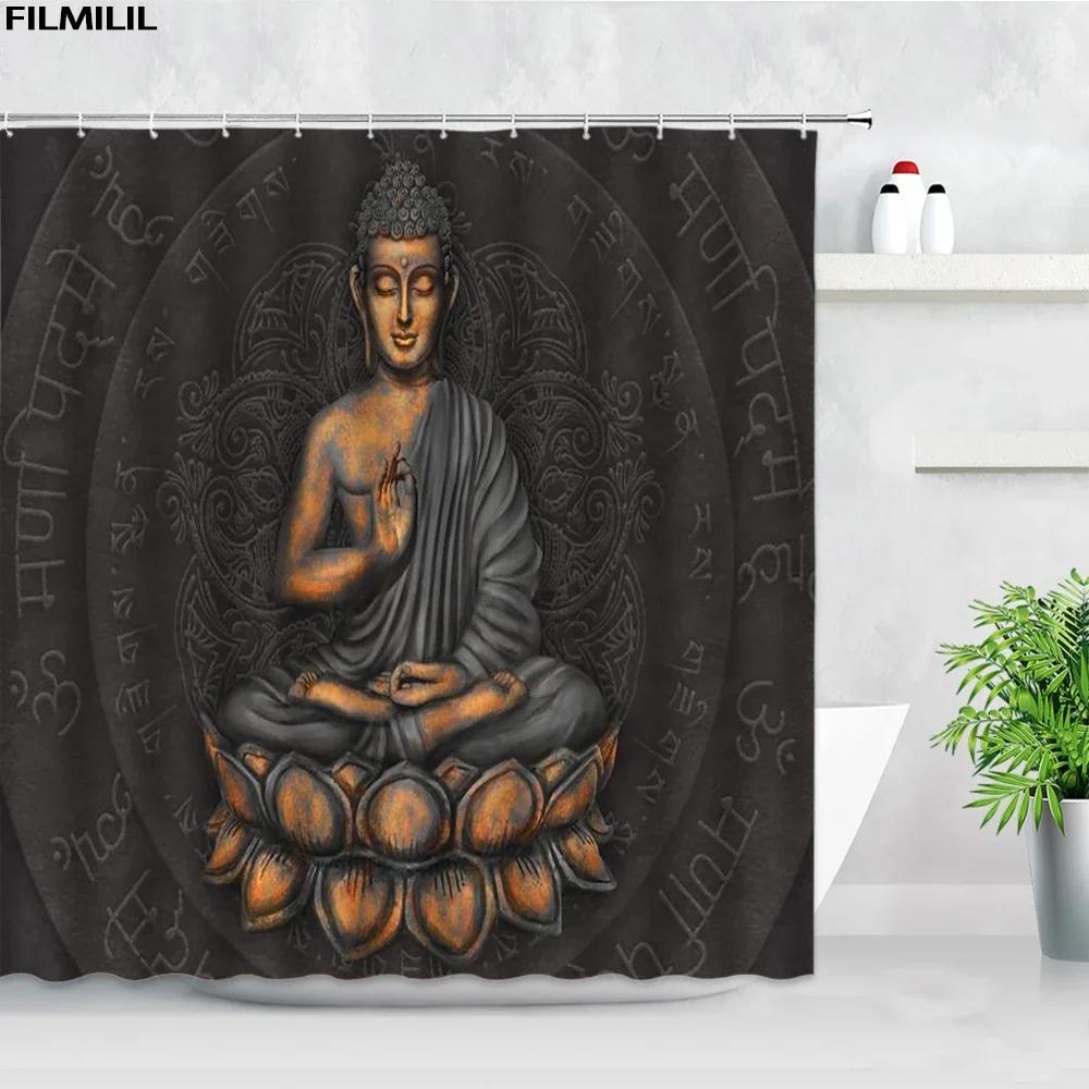 Zen Green Bamboo Shower Curtains Stone Buddha Lotus Candle Asian Japanese Spa Garden Scenery Bath Curtain Fabric Bathroom Decor