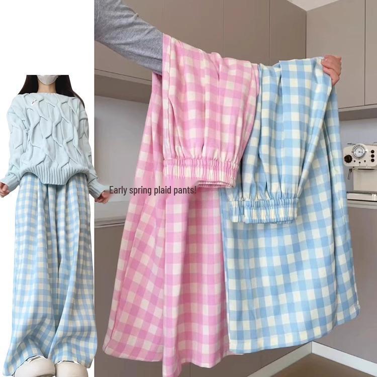 

Korean-Style Blue & White Plaid Wide-Leg Pants for Women - Spring & Autumn 2025, Small Size, Straight-Leg, Loose Fit XXL