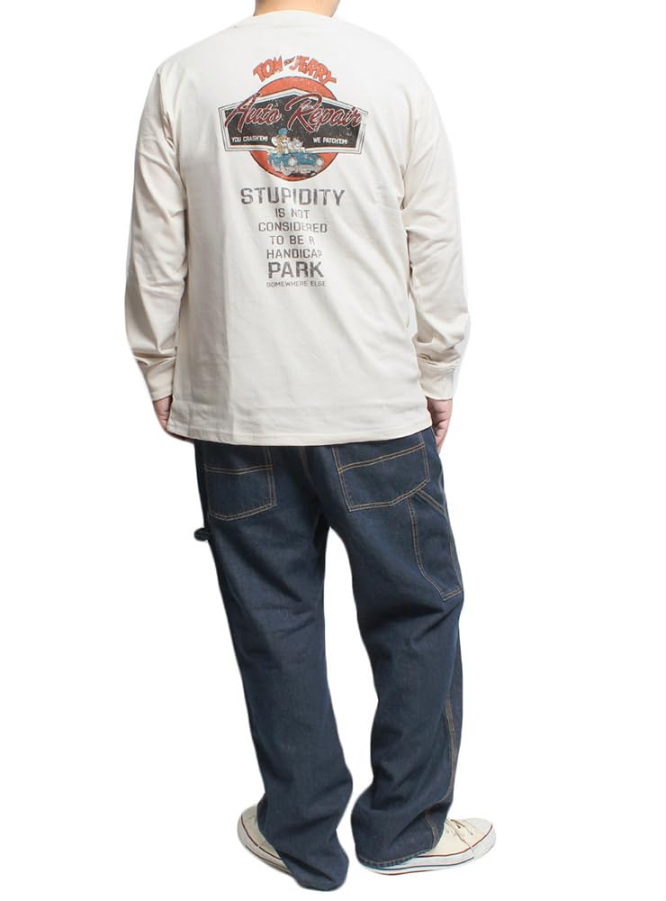 One Colors TOM AND JERRY Men's Long Sleeve T-Shirt with Pigment Print, Crew Neck, Size 2L, Ivory (90)