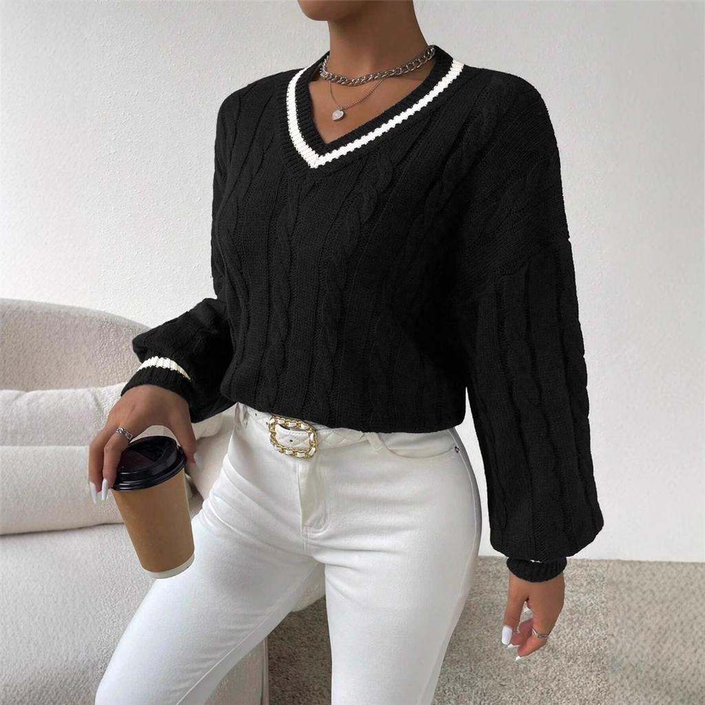 Autumn and Winter Women Temperament Striped Trimmed Twisted Flower Knitted Shoulder Sweater