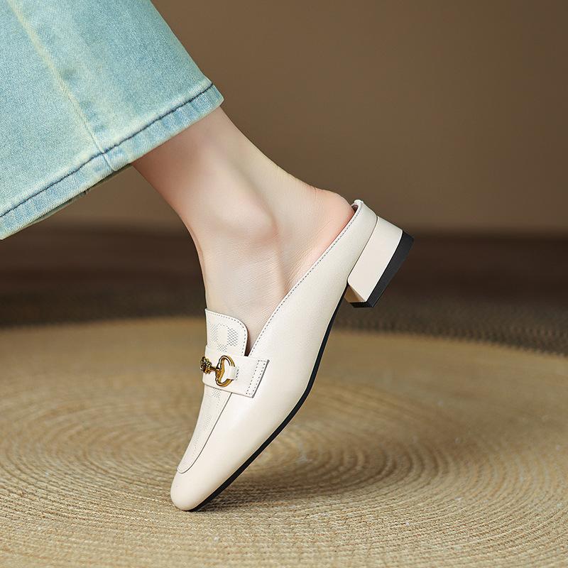 Intérieur et extérieur cuir pleine fleur talon épais 3 cm bout sac talons hauts pantoufles talon moyen commerce extérieur demi-support été sandales décontractées chaussures simples