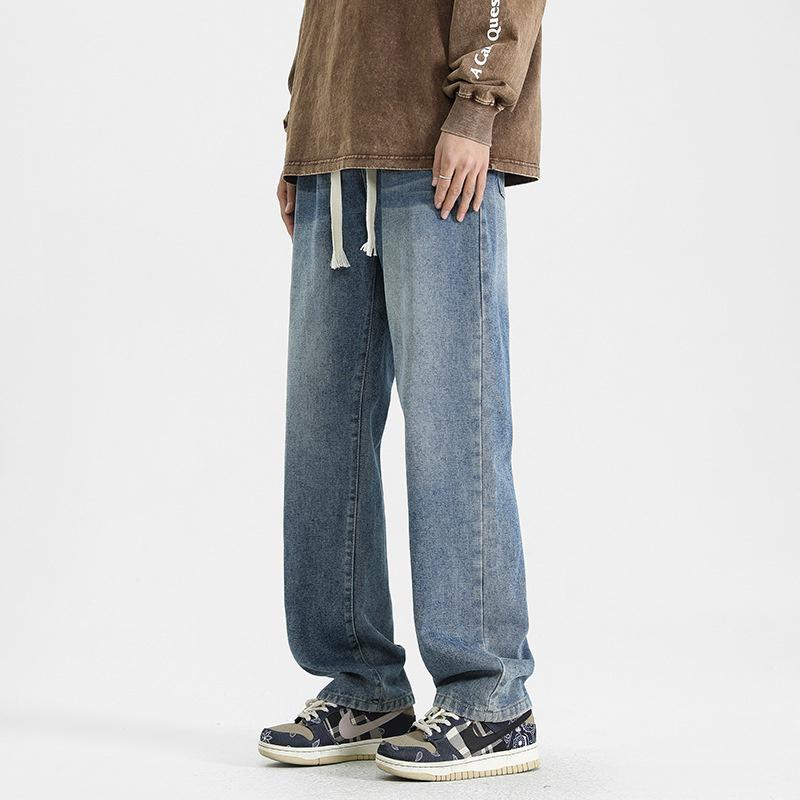 2026 New Vintage Drawstring Jeans for Men, Washed, Loose Fit, Versatile Workwear Trousers