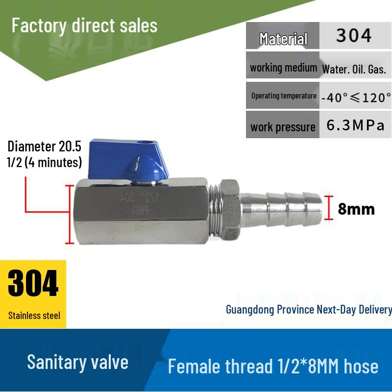 304 Stainless Steel Sanitary Mini Ball Valve, Internal/External Thread, High Pressure, 1/8"-3/4" Sizes, Open Pagoda Design