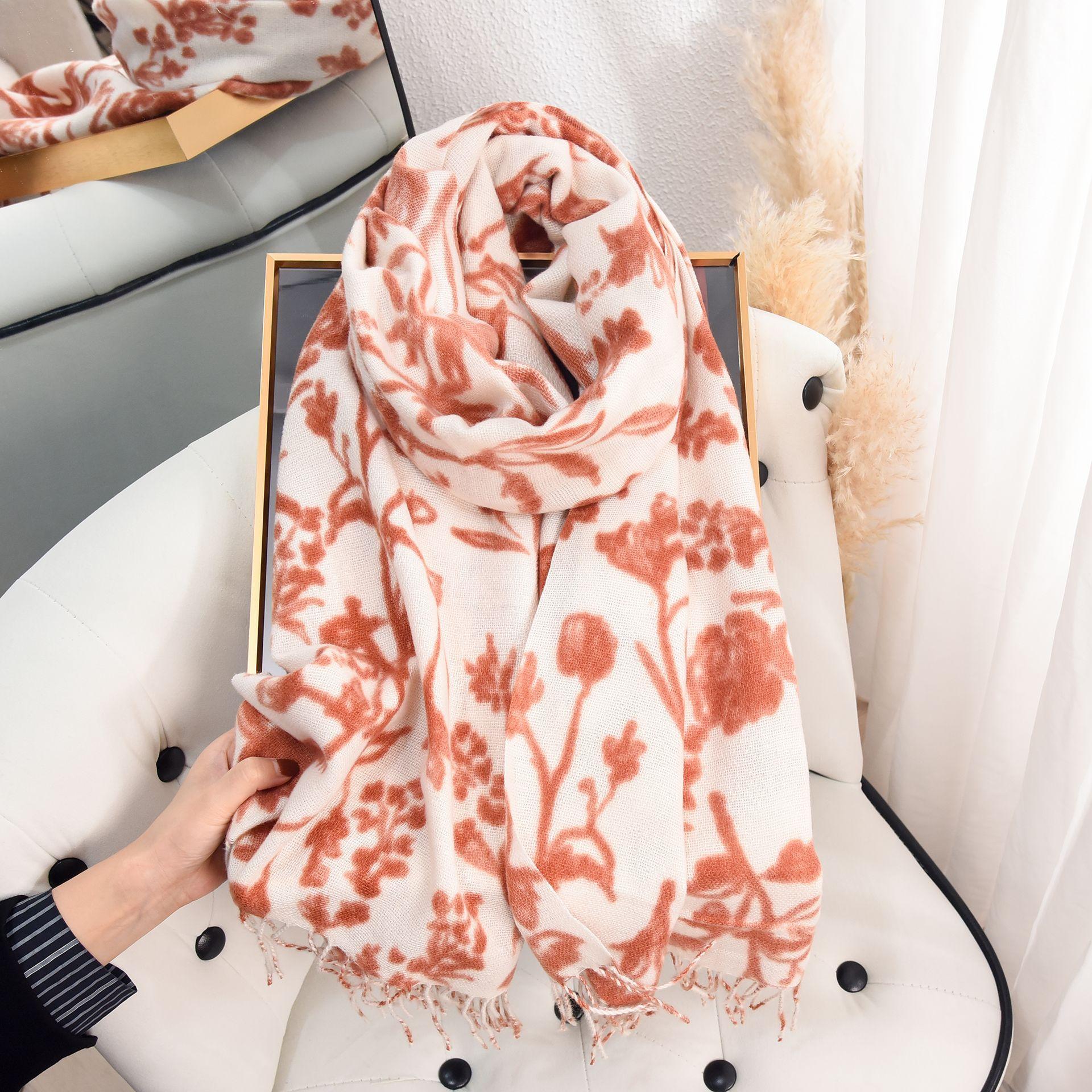 

Шарф с цветочным принтом для милой девушки из колледжа, теплый, утолщенный, кашемировый, с бахромой 67*180