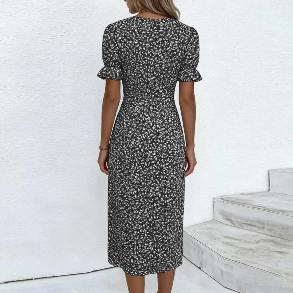 Women's Summer Casual Dress V Neck A-line Boho Ditsy Floral Flounce Sleeve Wrap Hem Dress