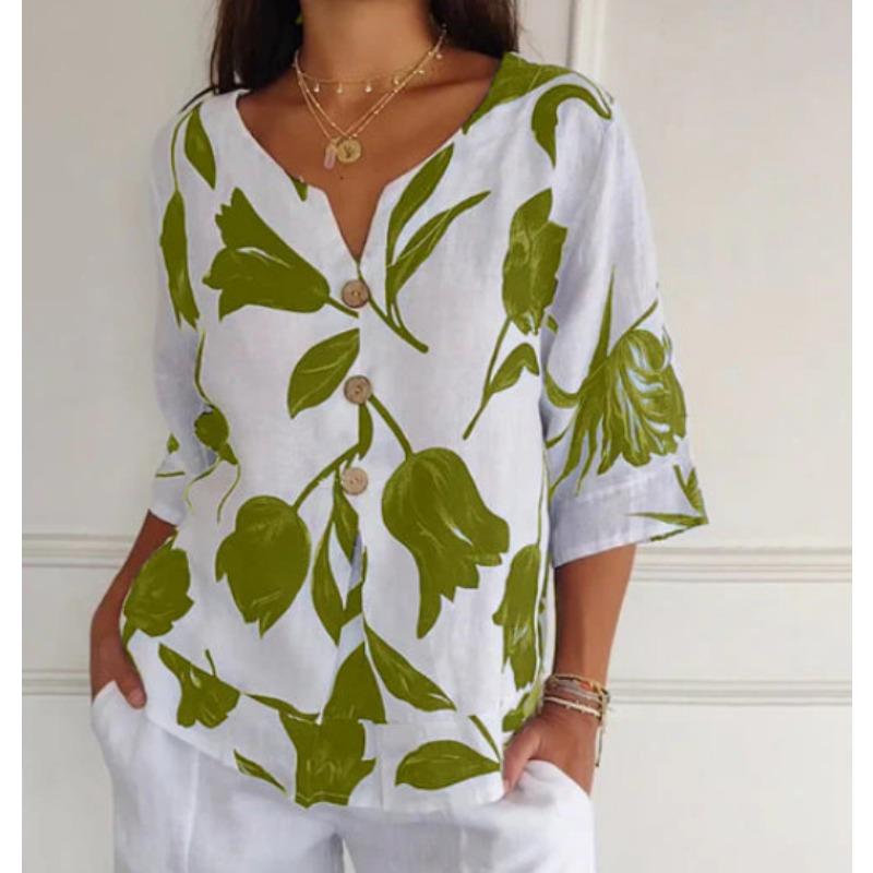 

Женские модные повседневные летние блузки и рубашки с v-образным вырезом и коротким рукавом с цветочным принтом L зелёный