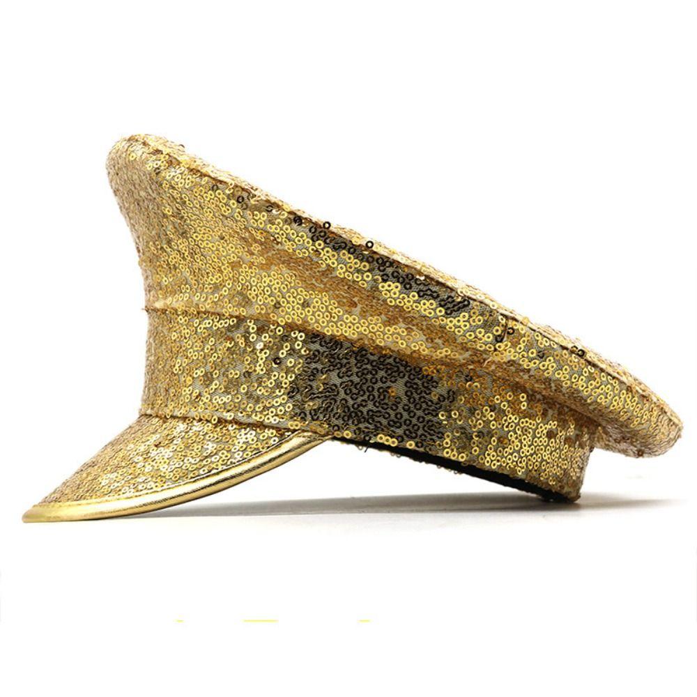 Shiny Embellished Hat PU Leather Captain Cap Casual Style Baseball Cap Carnival Festival