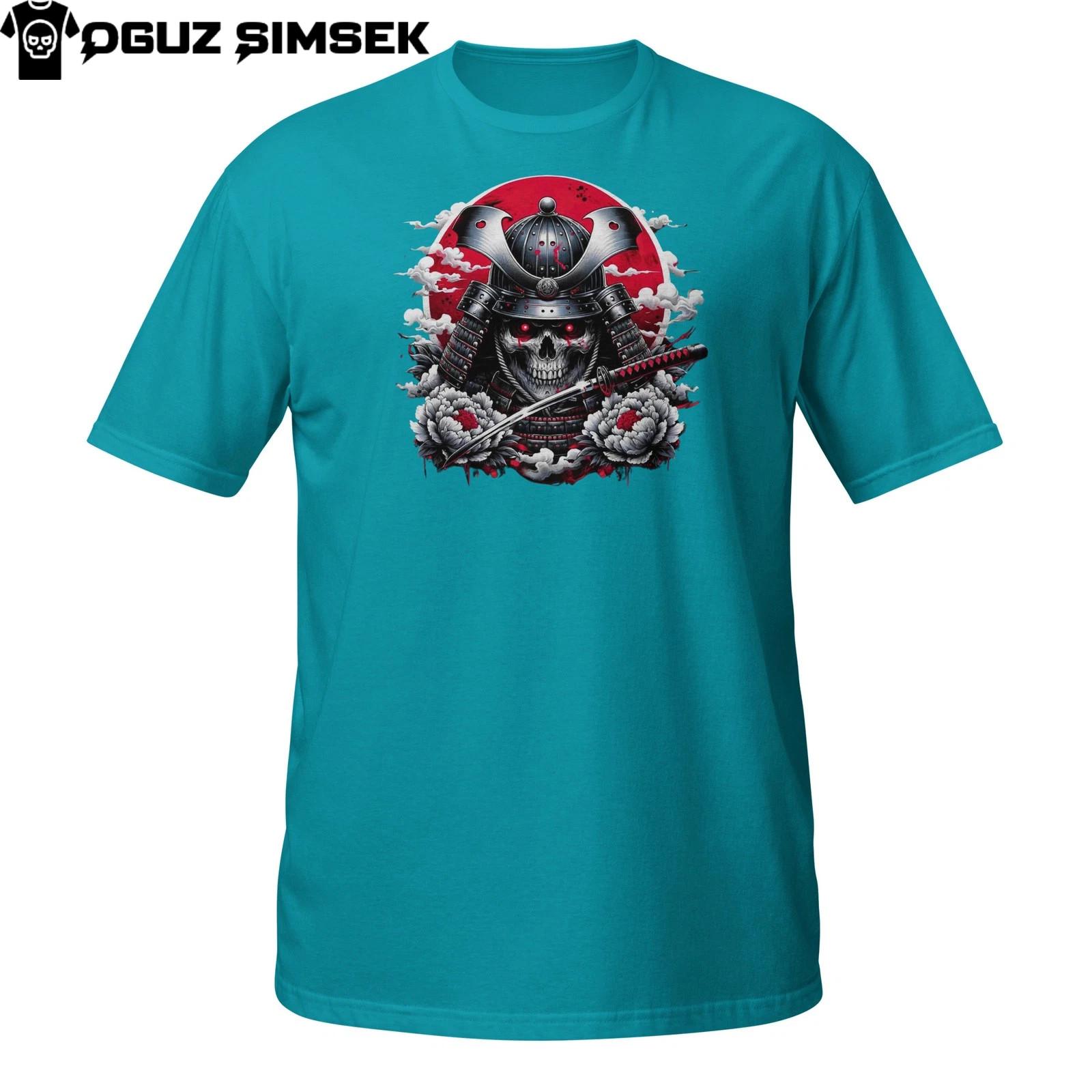 Red Samurai Skull T-Shirt Mens Womens Tees Top – Undead Warrior with Katana and Rising Sun Design S