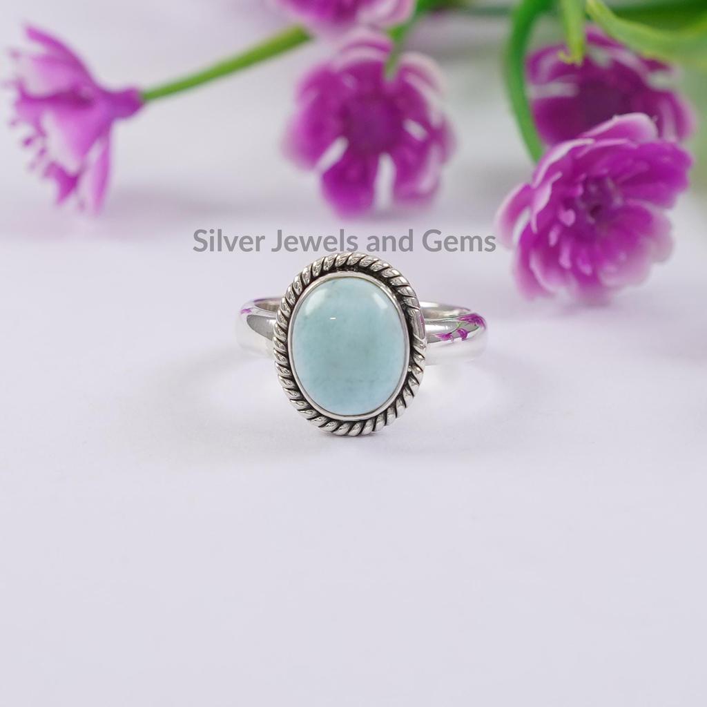 Natural Larimar Ring, Handmade Oval Gemstone Ring, 925 Sterling Silver Ring, Twisted Wire Ring, Birthday Ring