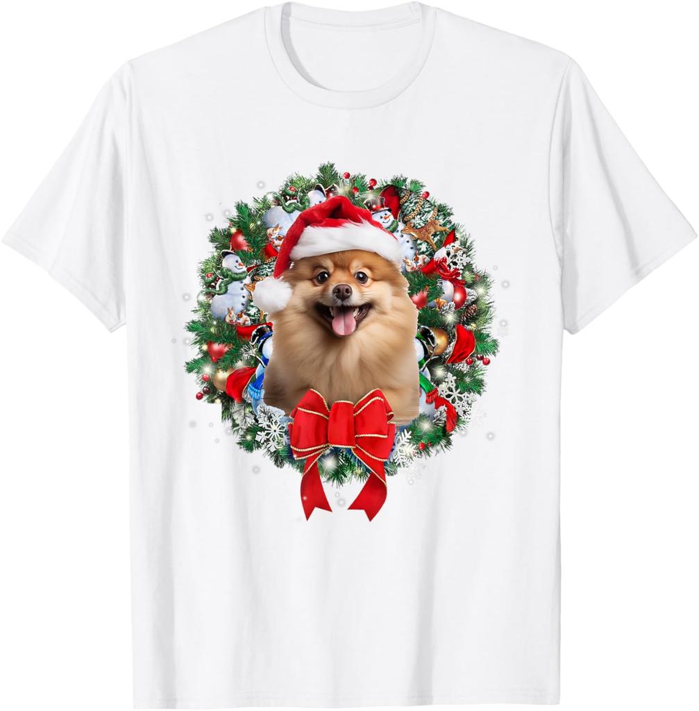 Pomeranian Christmas Wreath Graphic Tee Cute Dog Lover Casual Short Sleeve T-Shirt