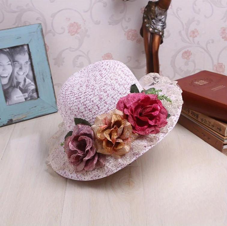 New 2026 Lace Floral Embellished Wide Brim Straw Sun Hats for Women Sun Protection Beach Hats Hat for Women Gifts