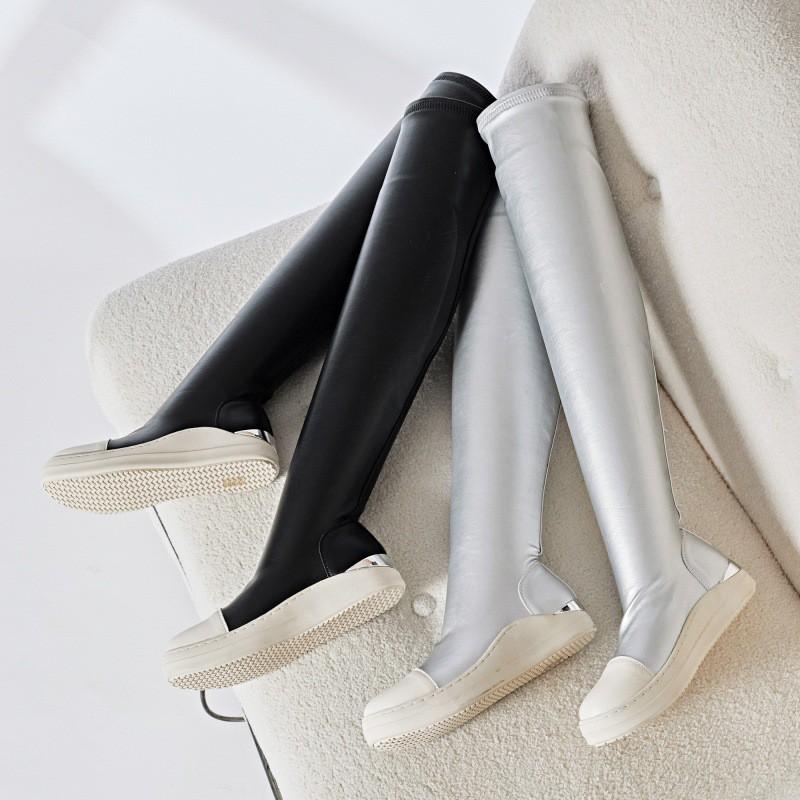 Womens Over-the-Knee Stretch Boots Size 44 Wide Fit Flat Heel PU Leather Round Toe Warm All-Season