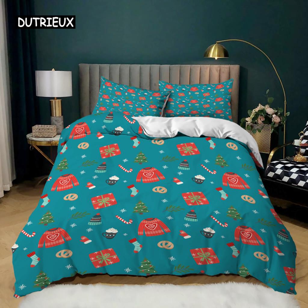 Christmas Duvet Cover Set King Size Christmas Stocking Bells Print Comforter Cover for Kids Girl Christmas Polyester Quilt Cover