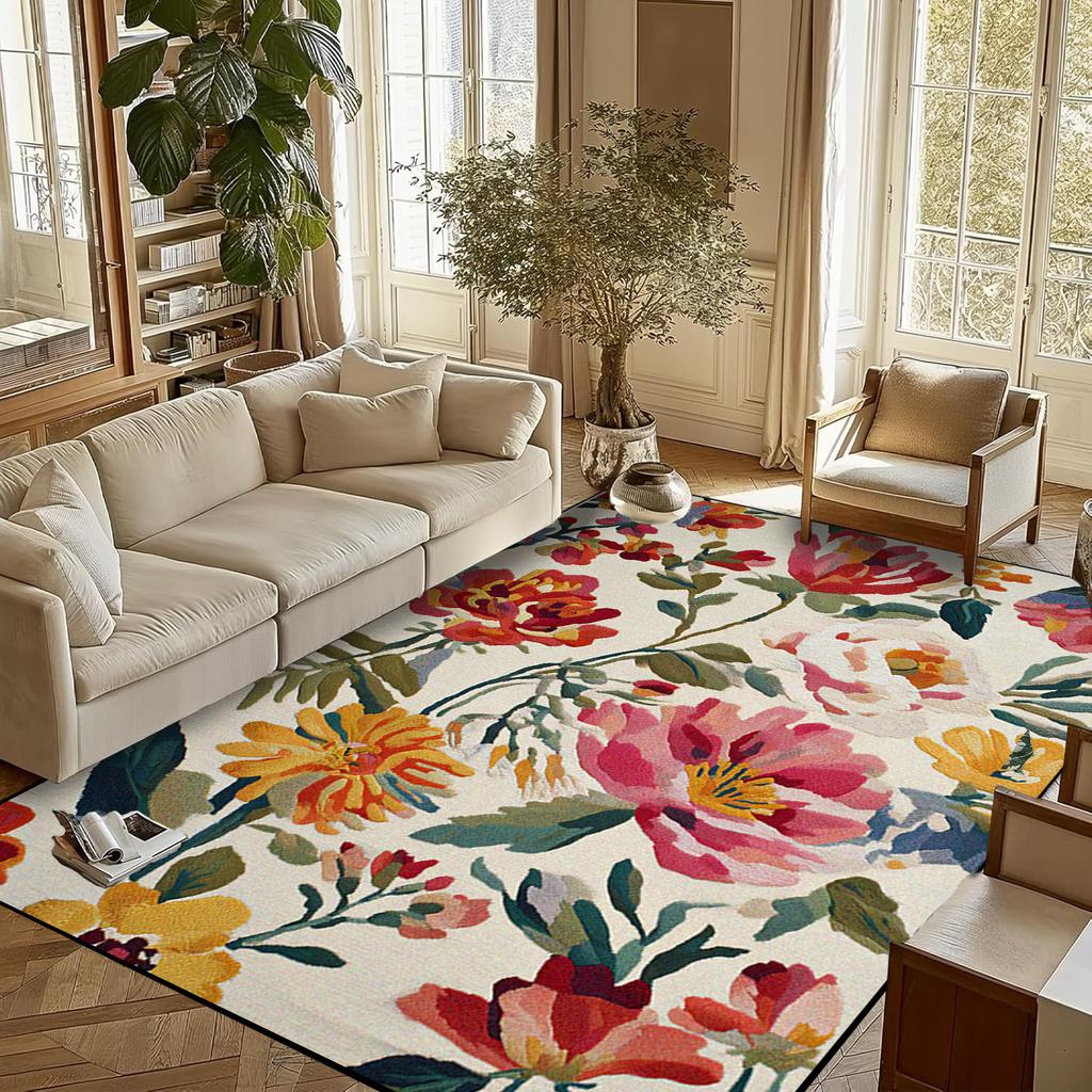 Retro Flower Living Room Carpet Non-slip Machine Washable Soft Floor Mat Nordic Style Plant Rugs Large Size Home Decoration Mats