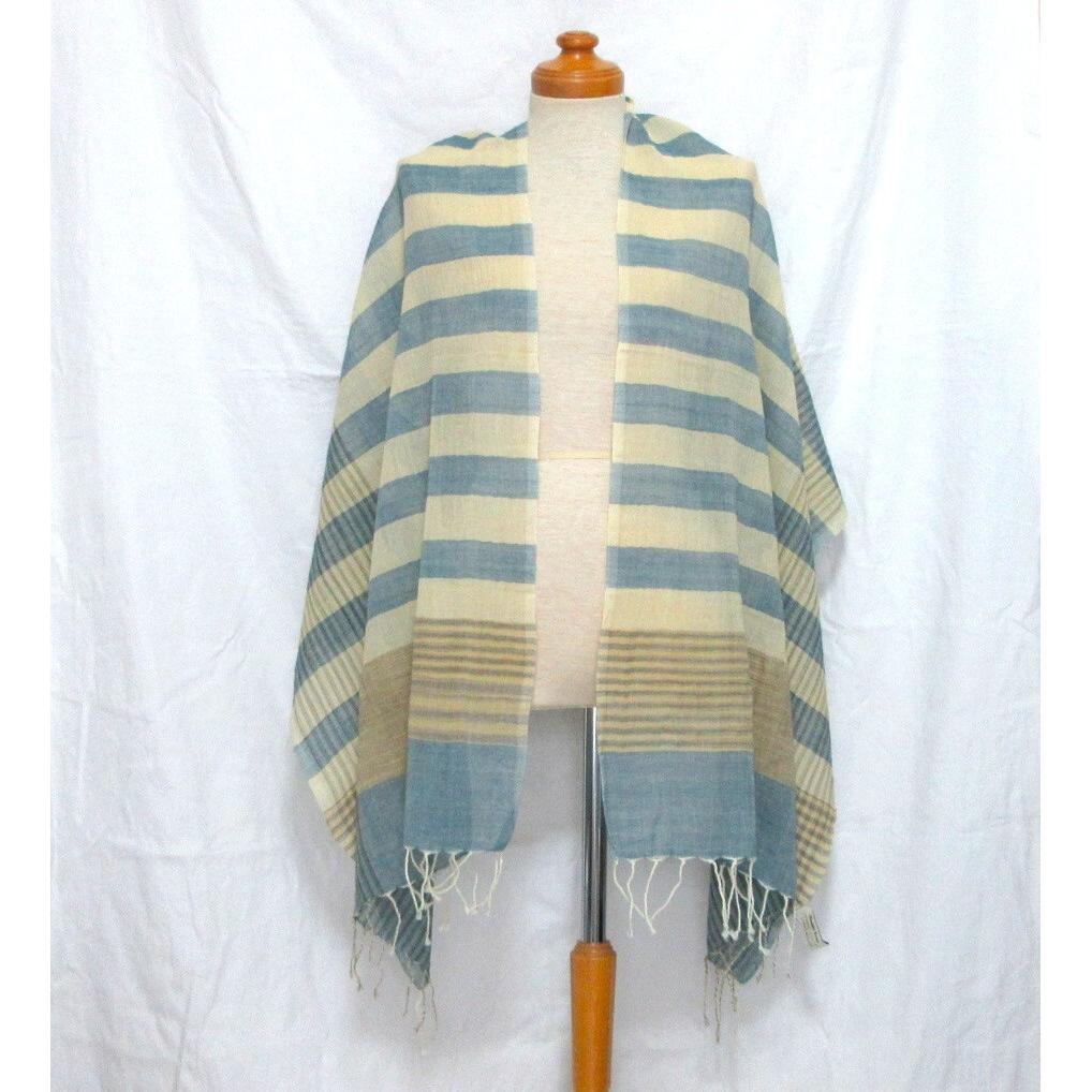 Used Shipping Included People Tree Blue Beige Organic Cotton Large Stole (Cotton Wrap Shawl Unisex)
