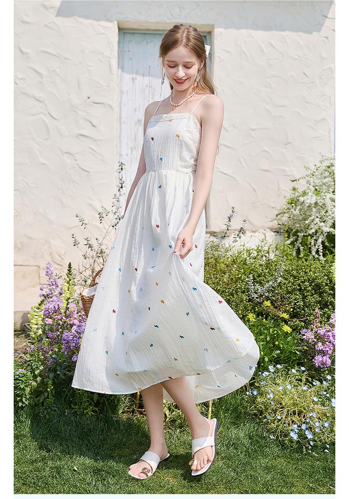 Fragrant Shadow French Blue Strap Dress for Women, 2026 Summer New Style, Floral Embroidery A-line Skirt, Vacation Fairy Skirt