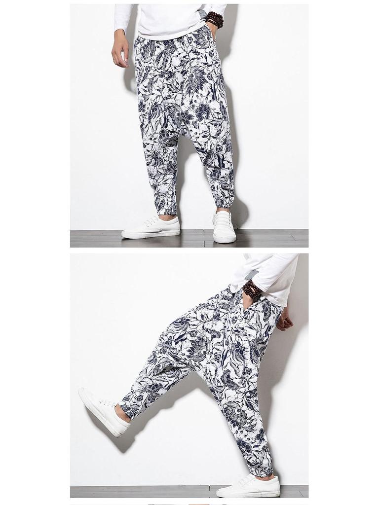2023 Spring Men's Chinese-Style Cotton Linen Harem Pants - Printed Hip Hop Trousers
