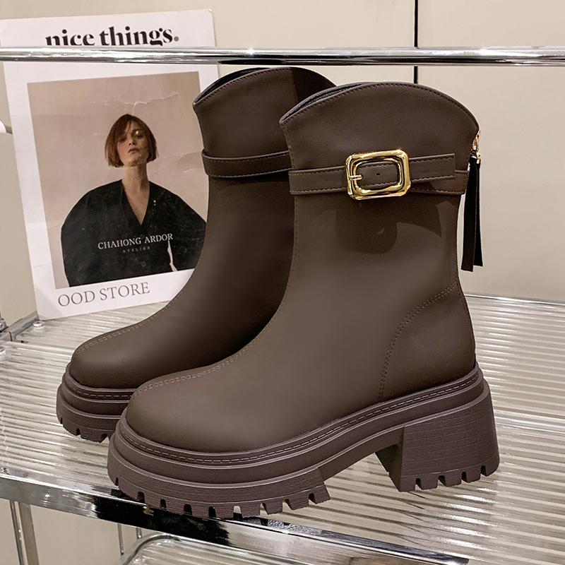 Thick Bottom Women Western Cowboy Boots Fashion Belt Buckle Autumn Winter Female Back Zip Platform Shoes Mid Calf Booties 35 4850₽