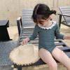 Girls' Color Block Long Sleeve Peter Pan Collar Swimsuit - Stylish & Waist-Gathering Vacation One-Piece for Baby Girls