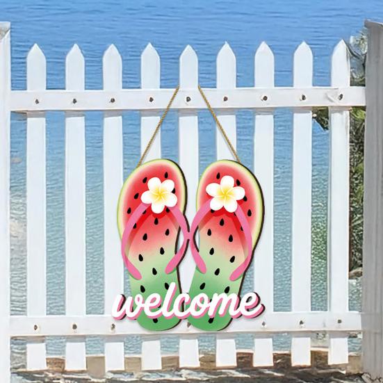 Summer Slippers Hanging Sign Flip Flop Shape Welcome Door Sign Rustic Watermelon Ice Cream Wooden Wreath for Farmhouse Front Door Patio Balcony Wall
