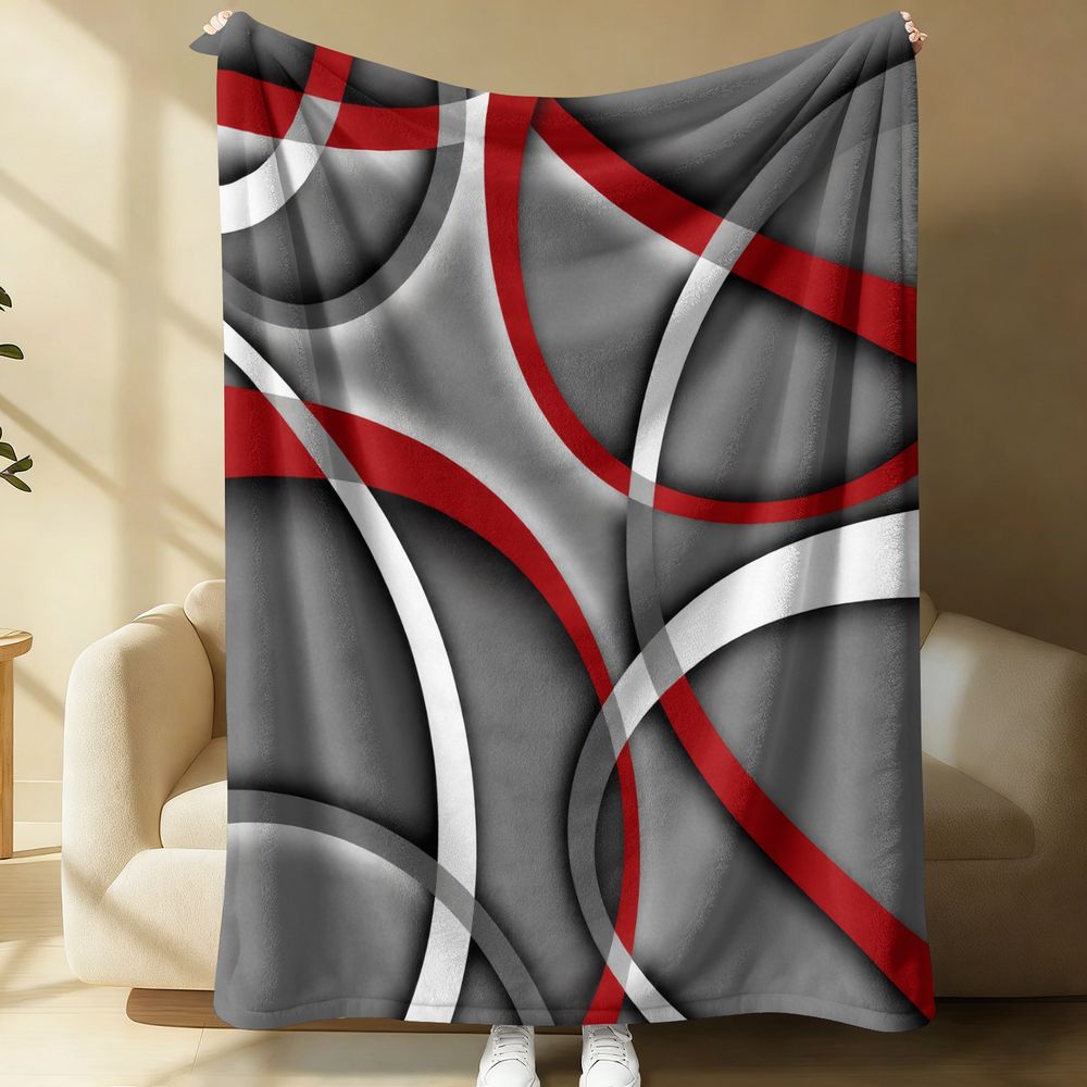 Abstract Red White Gray Ribbon Art Flannel Blanket Modern Geometric Throw Soft Cozy Fleece Blanket for Bed Sofa Gift Blanket