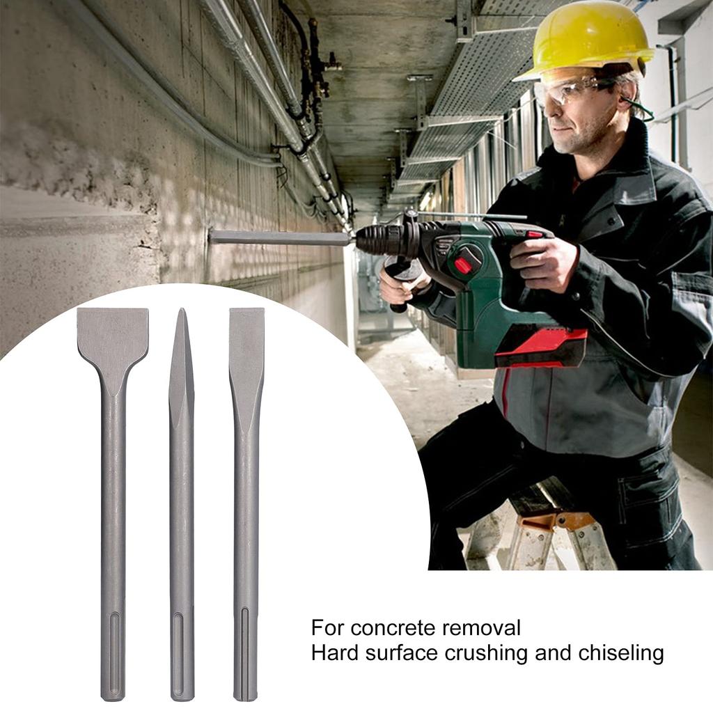Hammer Drill Chisel Carbon Steel Scaling Flat Chisel Point Rotary Hammer Drill Bit for Tile and Concrete Work Durable and 3-Piece Set, Chisel, Chisel,