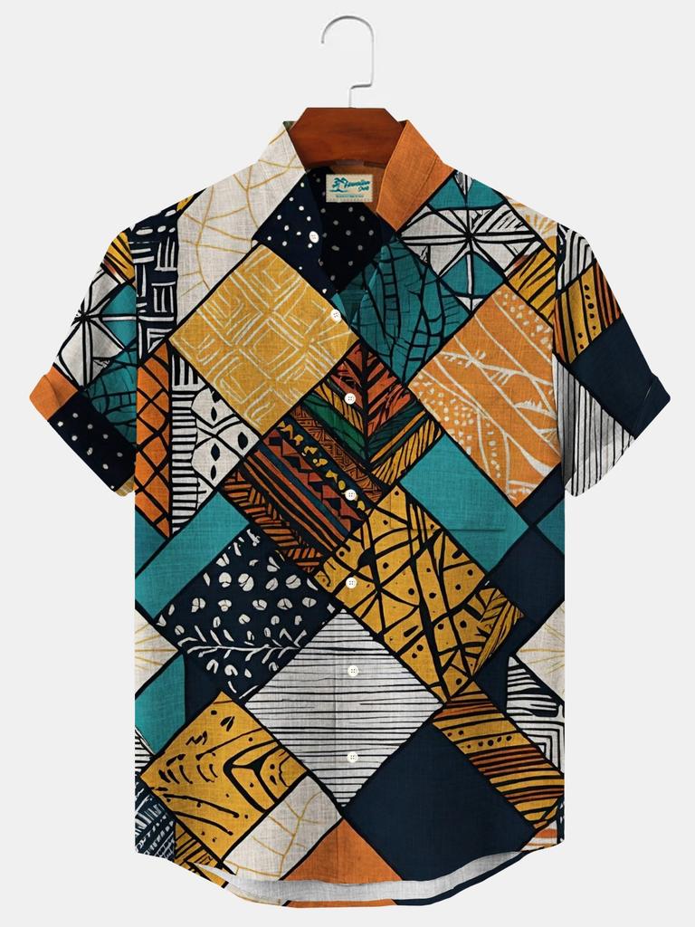 Sommer Herrenhemd mit 3D-Druck und geometrischer Kunstgrafik, Hawaii-Freizeithemden, kurzärmelig