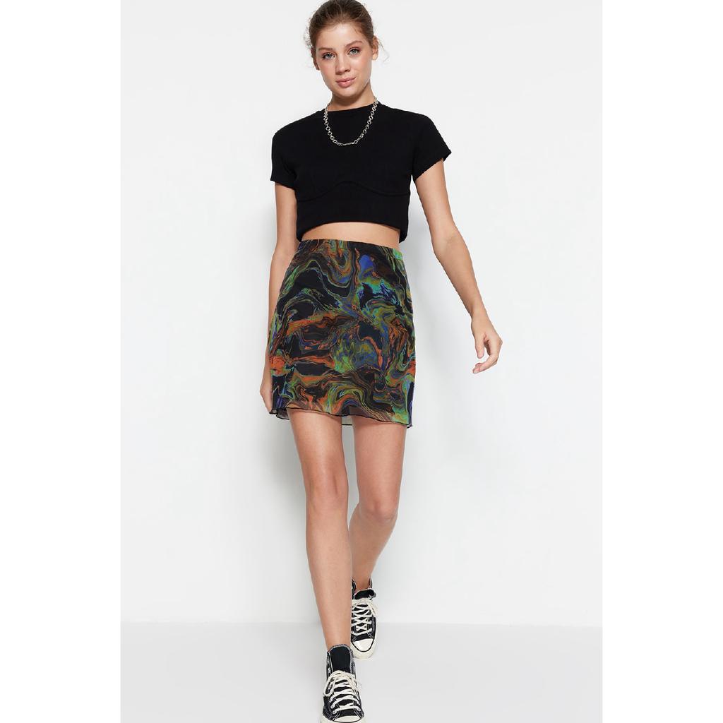 Brown Printed Tulle High Waist Lined Mini Knitted Skirt Twoss23et00050
