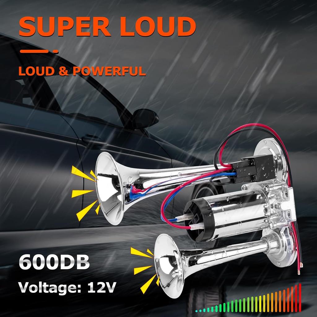 12V 600DB Upgraded Air Horn Dual Trumpets, Super Loud Train Electric Horn Kit with Air Compressor Compatible with 12V vehicles Trucks Trains Boats