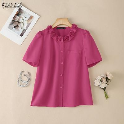 Women Floral Splice Casual Round Neck Loose Short Sleeve Blouse