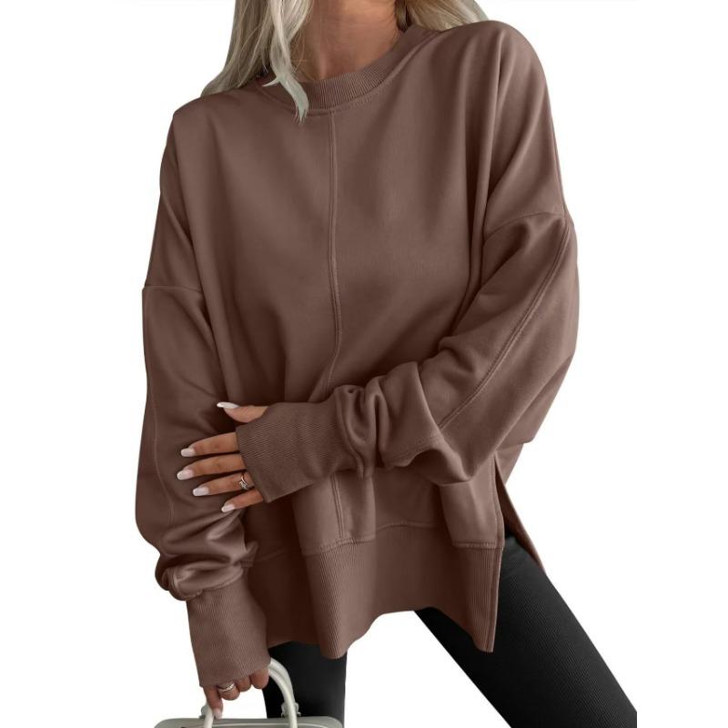 Loose Fleece Sweatshirt Round Neck Side Split Long Sleeve Casual Top For Women