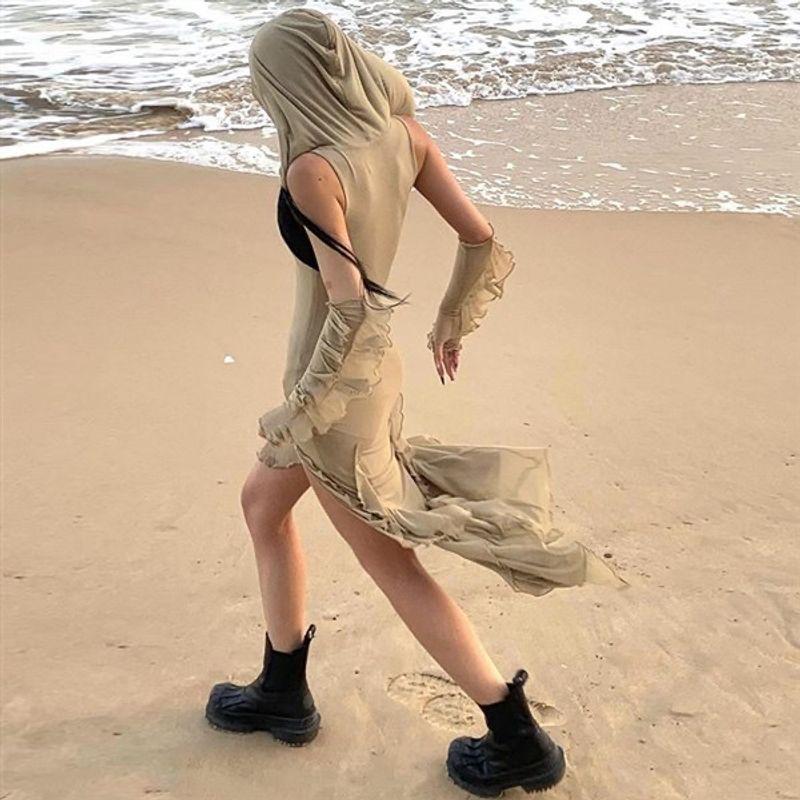 

Платье Пустоши Мода Отходы Почва Стиль Капюшон Карман Разрез Рюши Однотонное Без рукавов Сексуальное Платье Khaki sleeve M