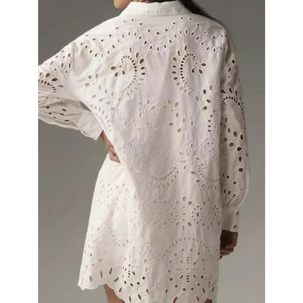 Camicetta da Donna con Collo a Revers Manica Lunga Traforata Vestibilità Larga Camicia Elegante Tunica Monocolore