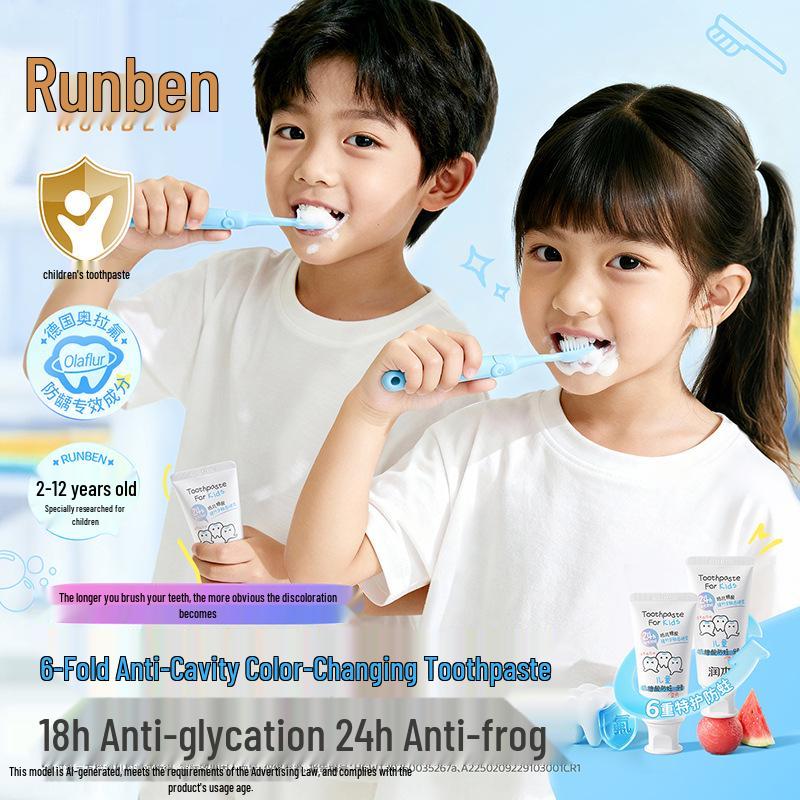 Runben Fluoride Toothpaste for Kids 3-12 Years | Anti-Cavity & Anti-Sugar Formula for Tooth Replacement Period