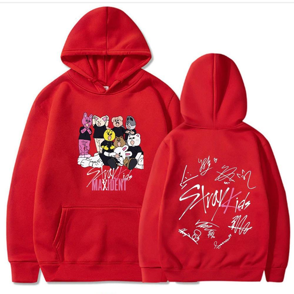 Sweat à capuche Pullover Personnages Stray Kids, Impression de Groupe Dessin Animé sur le Devant Graphique Signature des Membres au Dos Capuche à Cordon de Serrage Oversize Unisexe Streetwear K‑Pop