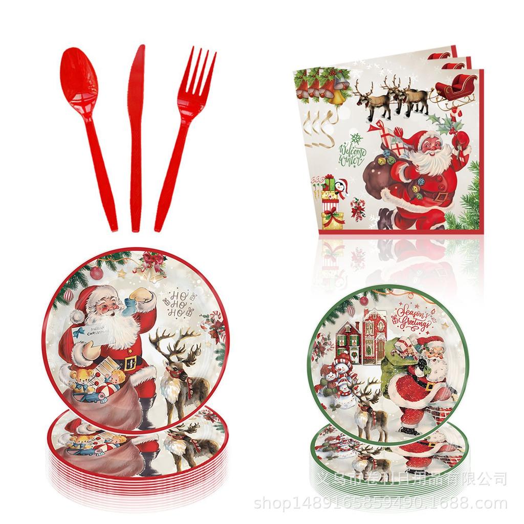 Christmas Themed Party Supplies Santa Decoration Tableware Disposable Paper Plates Paper Cups Paper Towels Flag Tablecloth